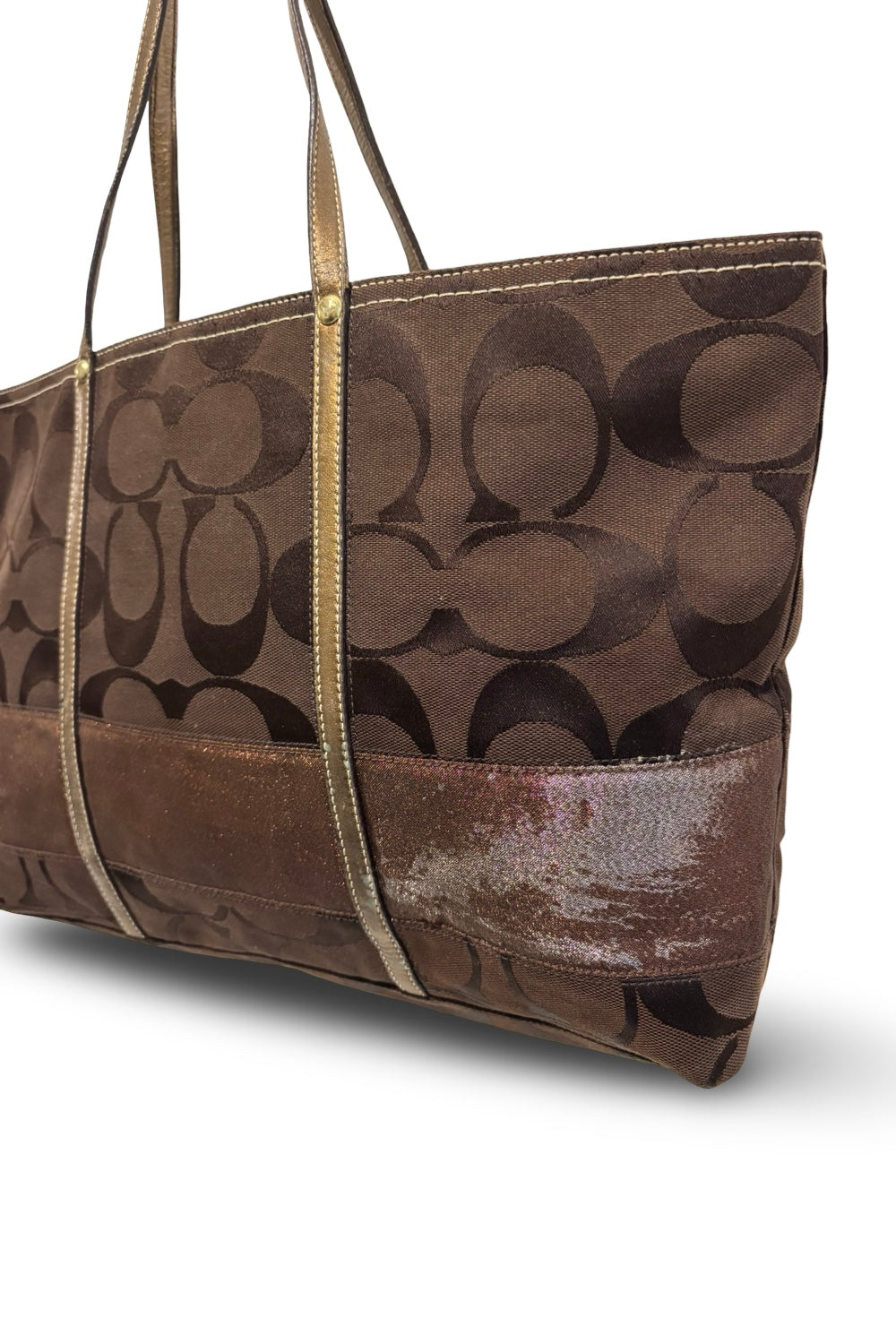 Coach Brown Signature Stripe Canvas & Leather  Metallic Tote Shoulder Bag
