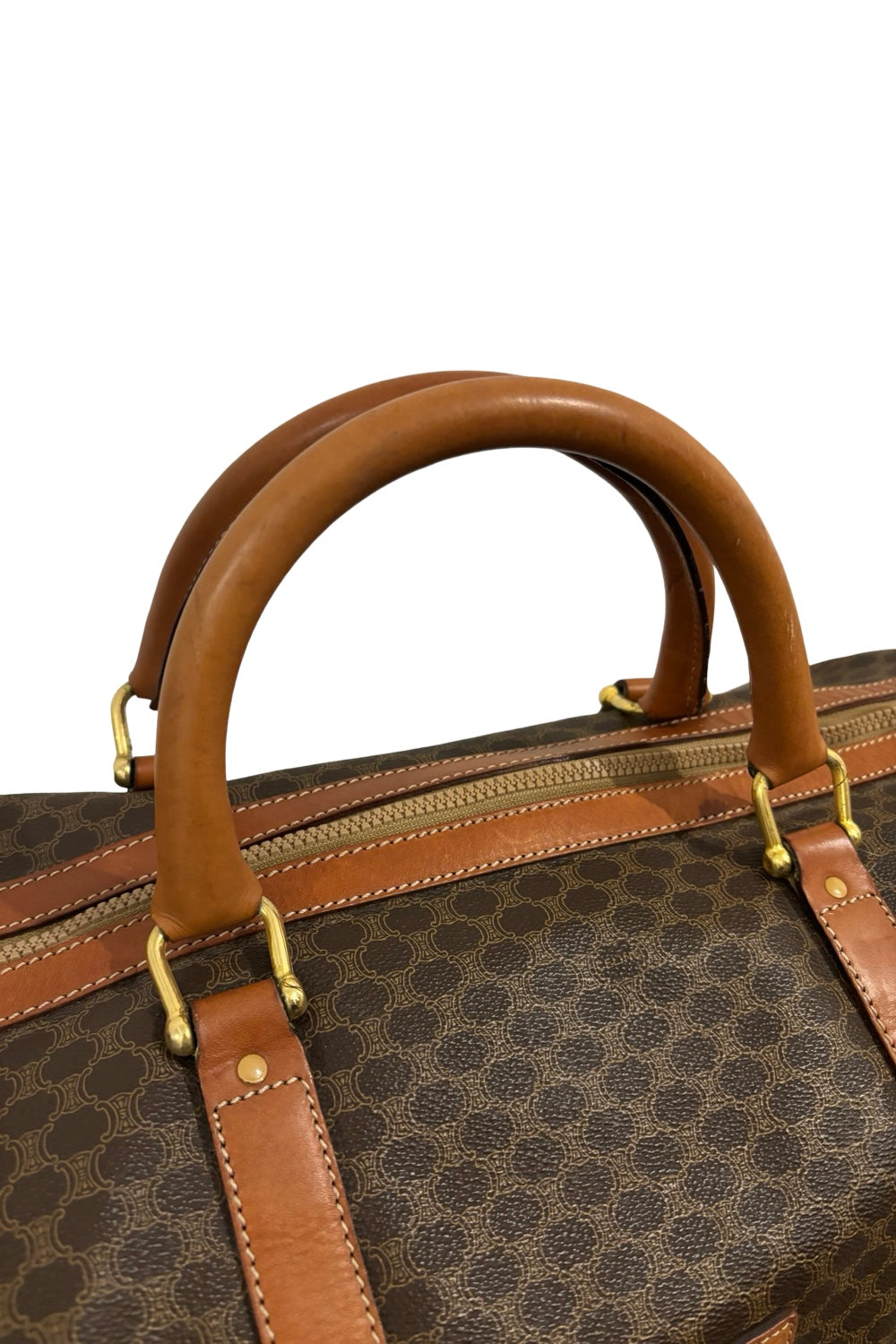 Celine Vintage Brown Macadam Signature Travel Weekender Duffle Boston Tote Bag
