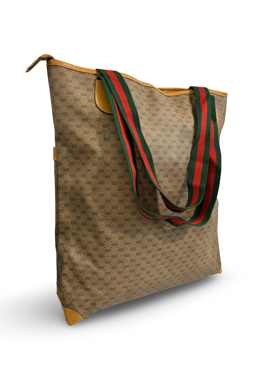 Gucci Vintage Micro GG Supreme Web Sherry Line Brown Beige Canvas & Leather Tote Shoulder Bag