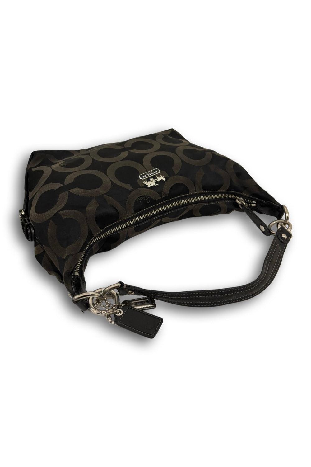 Coach Black Signature Madison OP Art Sateen & Leather Hailey Hobo Shoulder Bag