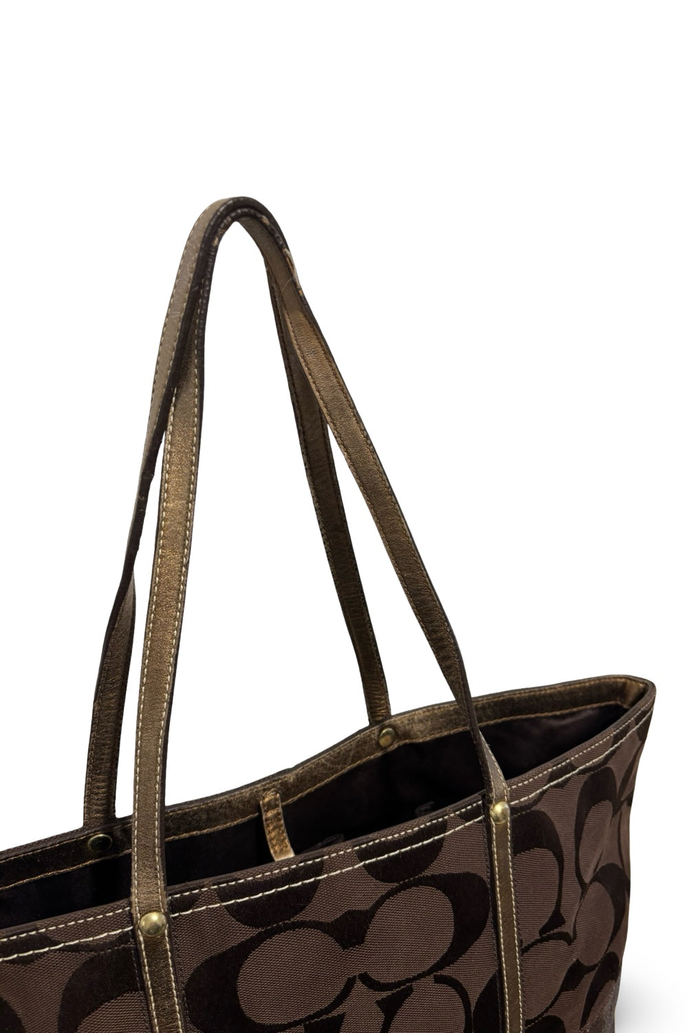 Coach Brown Signature Stripe Canvas & Leather  Metallic Tote Shoulder Bag