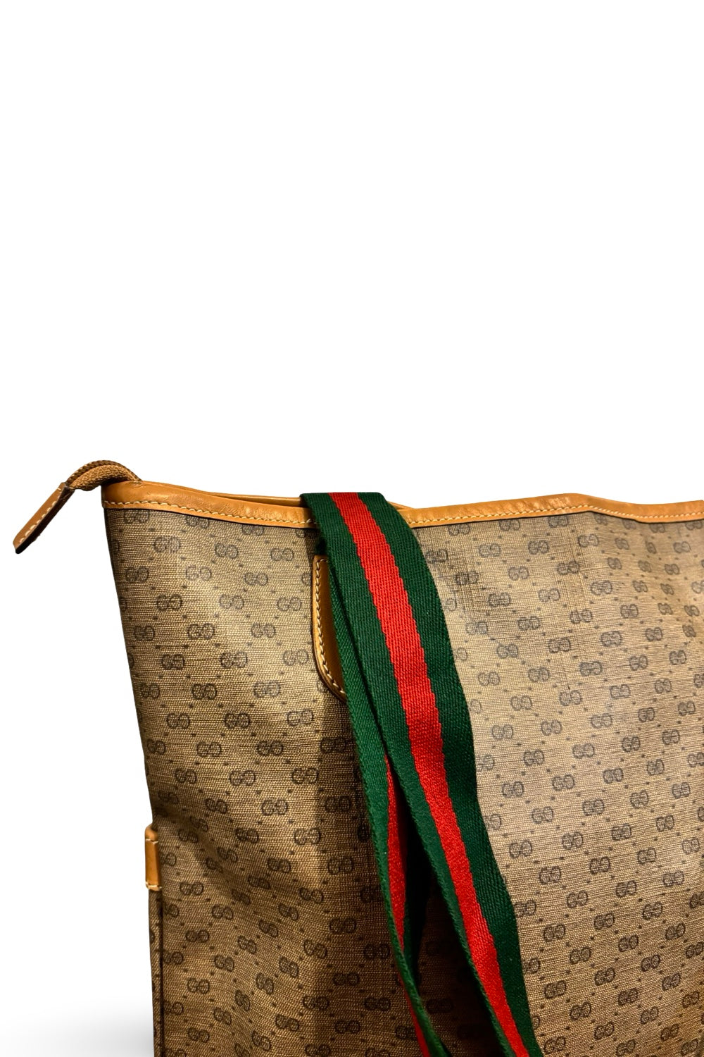 Gucci Vintage Micro GG Supreme Web Sherry Line Brown Beige Canvas & Leather Tote Shoulder Bag