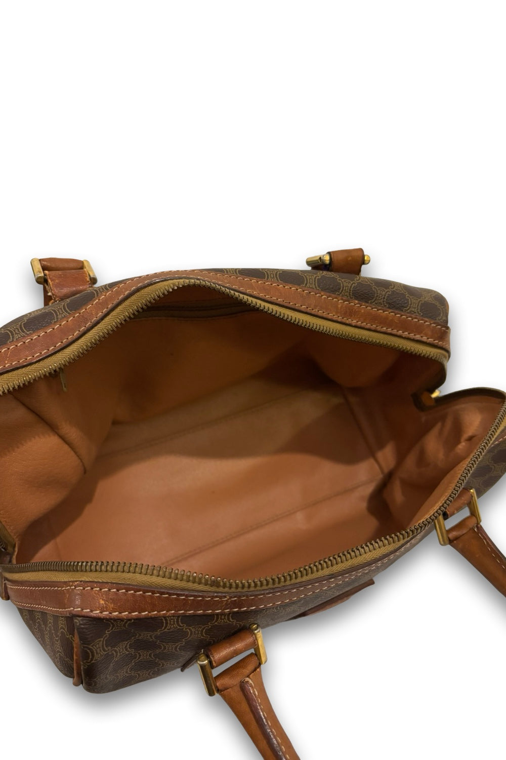 Celine Macadam Boston Bag Brown Coated Canvas  Leather Tan Vintage Handbag