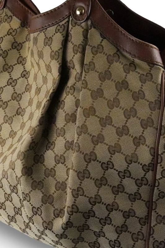 Gucci Brown Sukey Large Canvas & Leather Monogram Tote Shoulder Bag