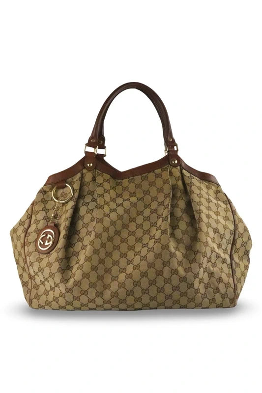 Gucci Brown Sukey Large Canvas & Leather Monogram Tote Shoulder Bag