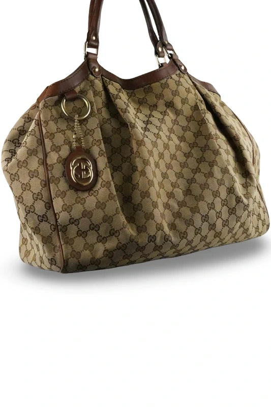 Gucci Brown Sukey Large Canvas & Leather Monogram Tote Shoulder Bag
